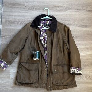 Barbour Women's Olive Utility Jacket with Purple Floral Lining with extra wax